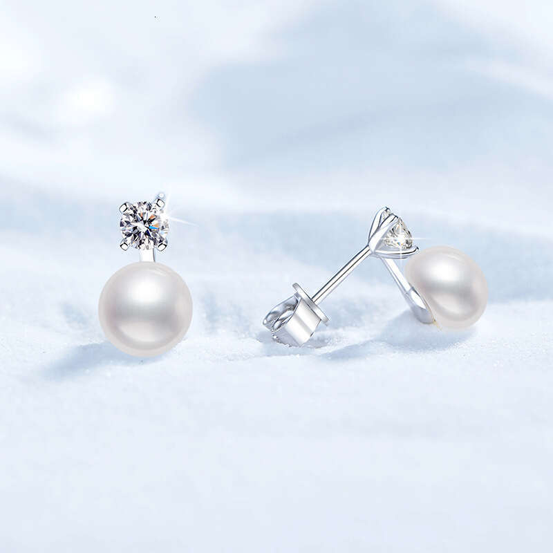 Korean Version Princess Diana Style S Pure Sier for Women Simple Natural Pearl Moissanite Stud Earrings 05b