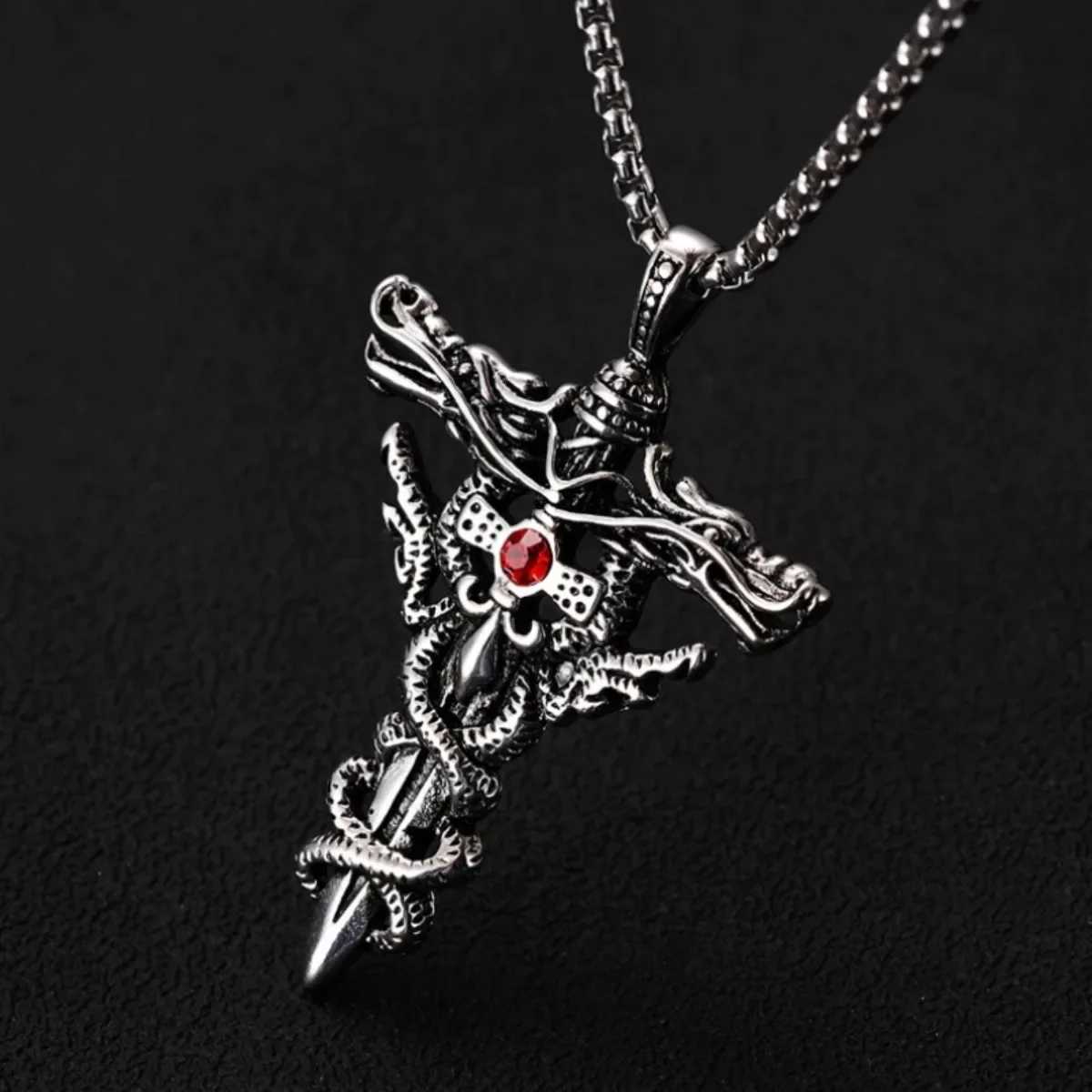 Mens Punk Necklace - Titanium Steel Gothic Dragon Sword Evil Eye Cross Pendant Vintage Dark Jewelry Gift W250718