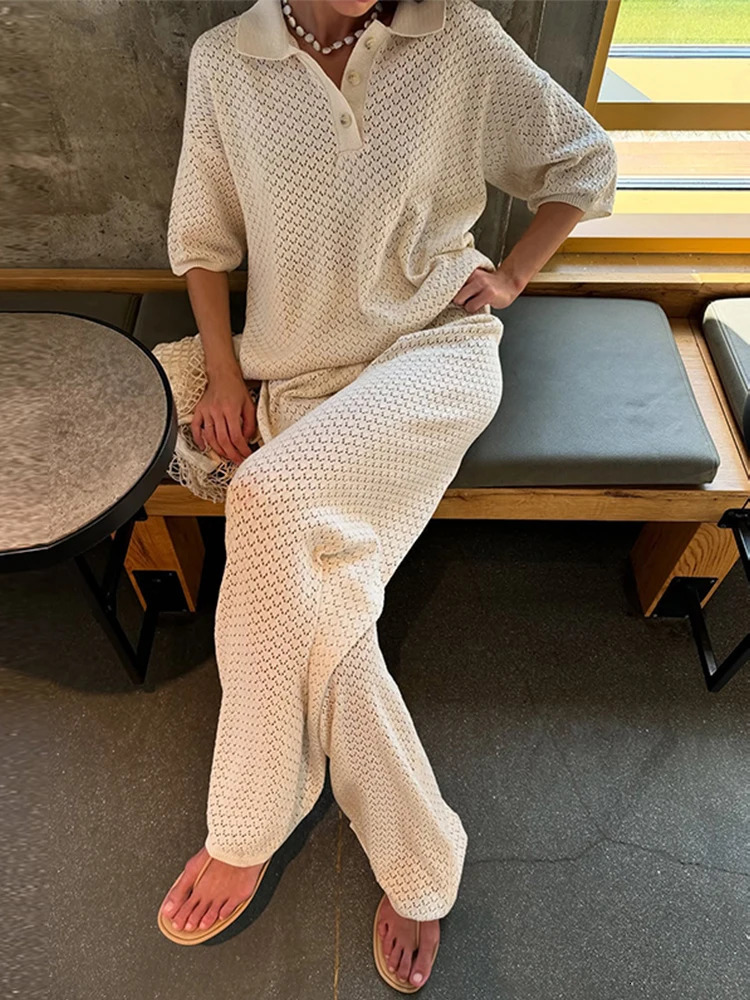Fashion Knit Long Pants 2 Piece Sets Woman Outfit Casual Polo Neck Half Sleeve Shirt Wide Leg Trousers Suit 2025 Lady Set 250715
