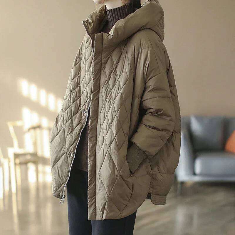 Schinteon Women Light White Duck Down Jacket Casual Loose Over Size Autumn Winter Outwear With Hood Coat 2024 New MDNG