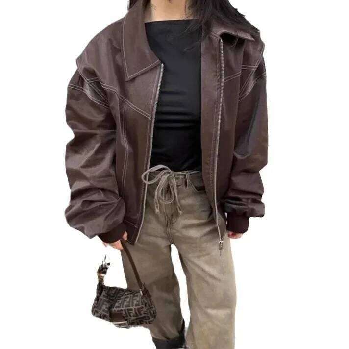 Vintageredzip-up Long Sleeve Leather Jacket Casual Style Lapel Patchwork Autumn/Winter New Arrival From China