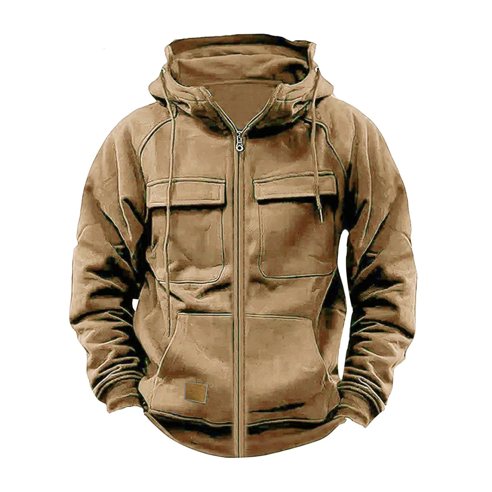 Autumn Winter Mens Hooded Solid Hoodies Jackets Multi Pockets Male Zipper Sweatshirts Sports Outdoor Casual Hoodie Coat 250716