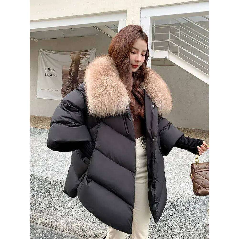 New Female Loose Outerwear Fashion Overcoat Women Winter 90% White Duck Down Jacket With Big Woolen Collar Coat MDNG