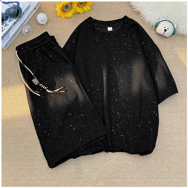 Short Sleeve Suit Men Fashion Diamond O-neck Short Sleeve T Shirt Loose Casual High Street Black Drawstring Shorts 2 Piece Set 250715