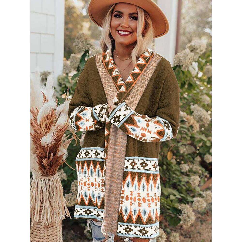 Designer Clothing Gypsylady Geometry Vintage Knitted Sweater Cardigan Blue Open Front Autumn Spring Women Ethnic Boho Ladies Long Jumper Sweaters Fash