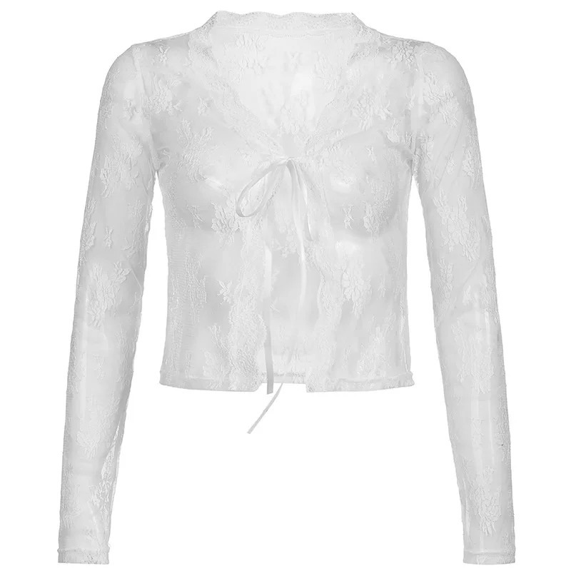 Women Sexy See Through Cardigans Y2K Long Sleeve Lace Mesh Vintage Tie Up Floral Crop Tops Streetwear 250714
