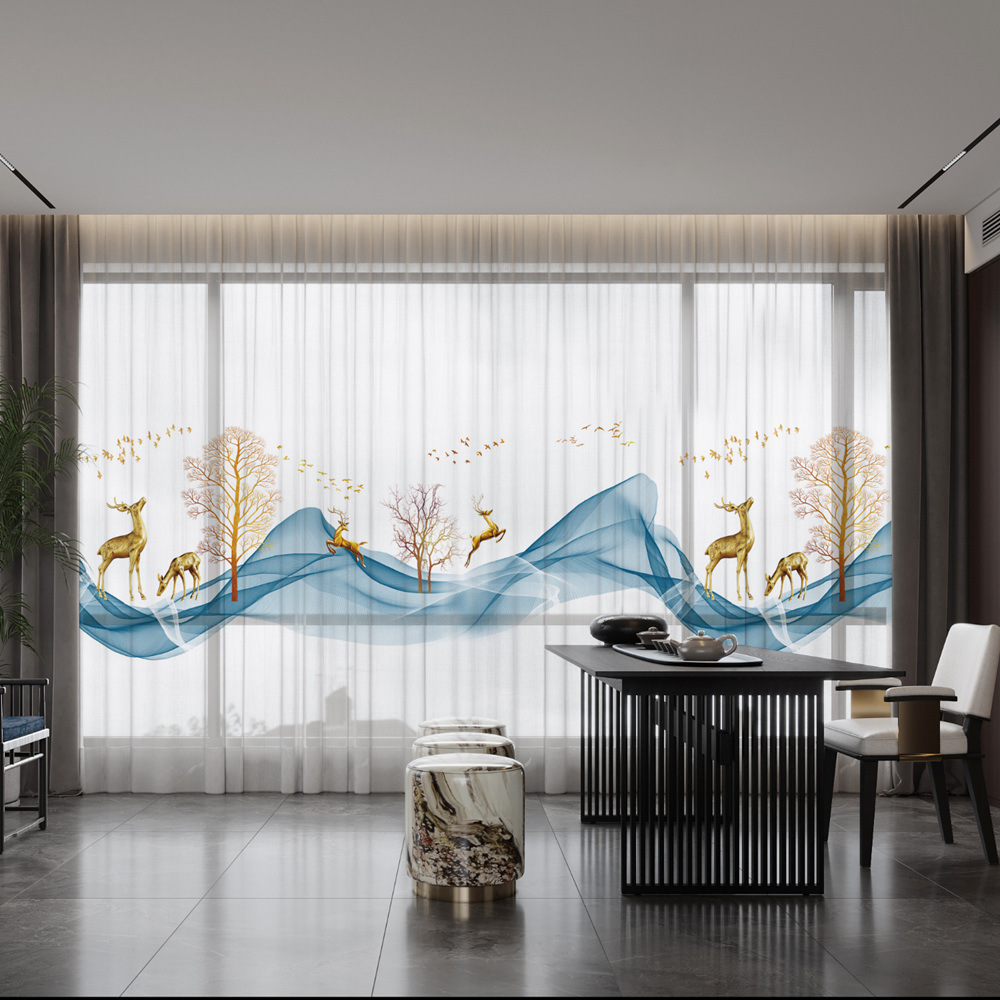 YL-36629 New Chinese style landscape painting all-match chiffon window screen living room bedroom tea house temple light-transmitting and non-transmit