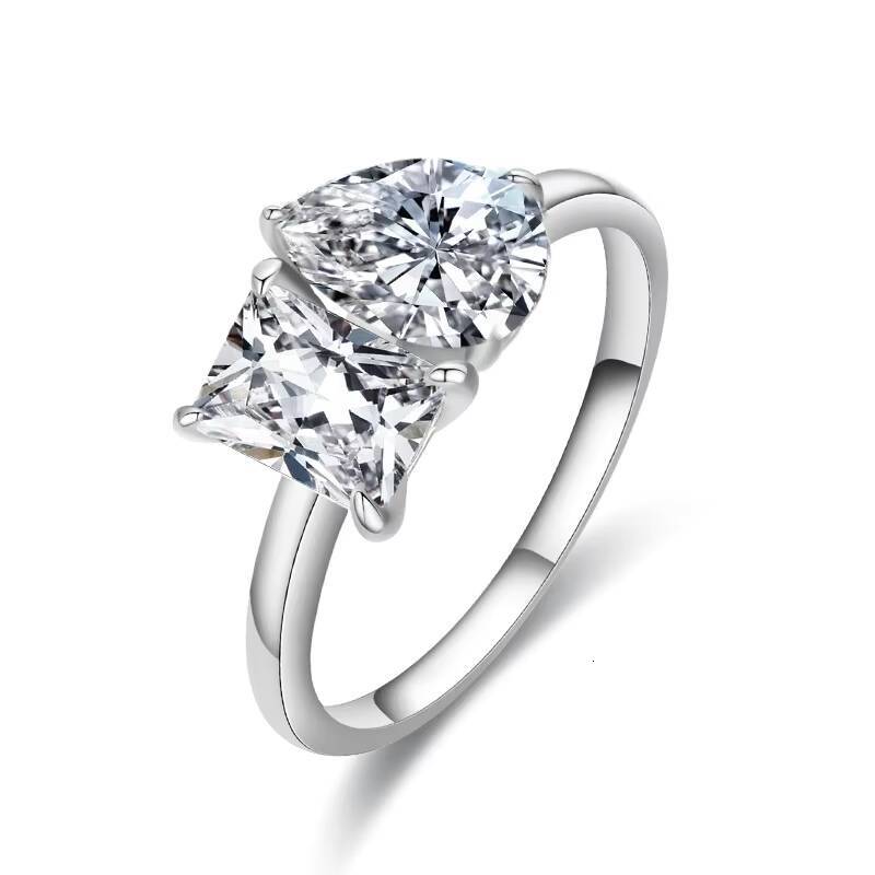 European American 925 Sterling Silver Moissanite Double Stone Ring Square Water Drop Exaggerated Design Cross-Border Wholesale