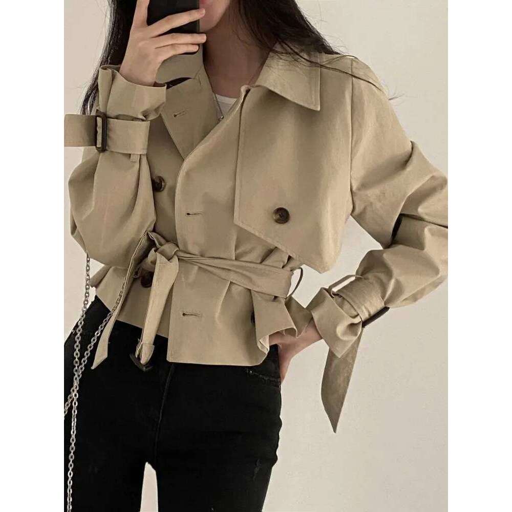 2colors Korean Women Autumn Trench Coats Short Jacket Casual Female Lace Up Coat Tops womens (hf1903)