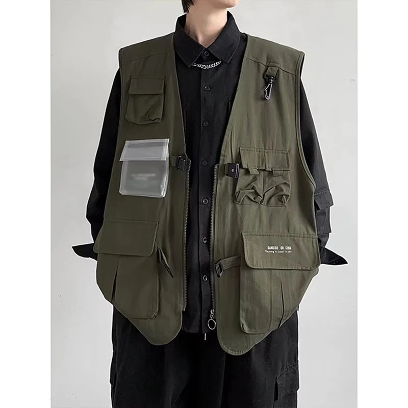 Sleeveless Vest Men Summer Korean Casual Loose Solid MultiPockets Tops Fashion Versatile Black Handsome Workwear Coat 250707
