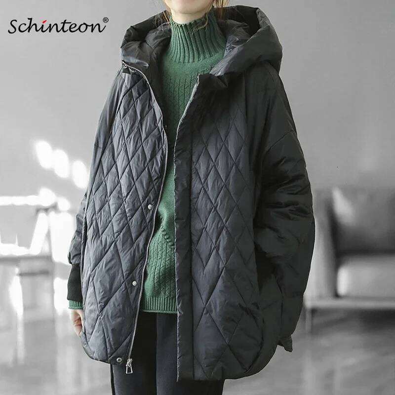 Schinteon Women Light White Duck Down Jacket Casual Loose Over Size Autumn Winter Outwear With Hood Coat 2024 New MDNG