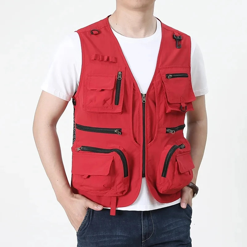 2025 Personalized yelek red Multi Pockets nylon Cargoes Fisherman vest fishing Journalist Pography Camping Waistcoat 250707