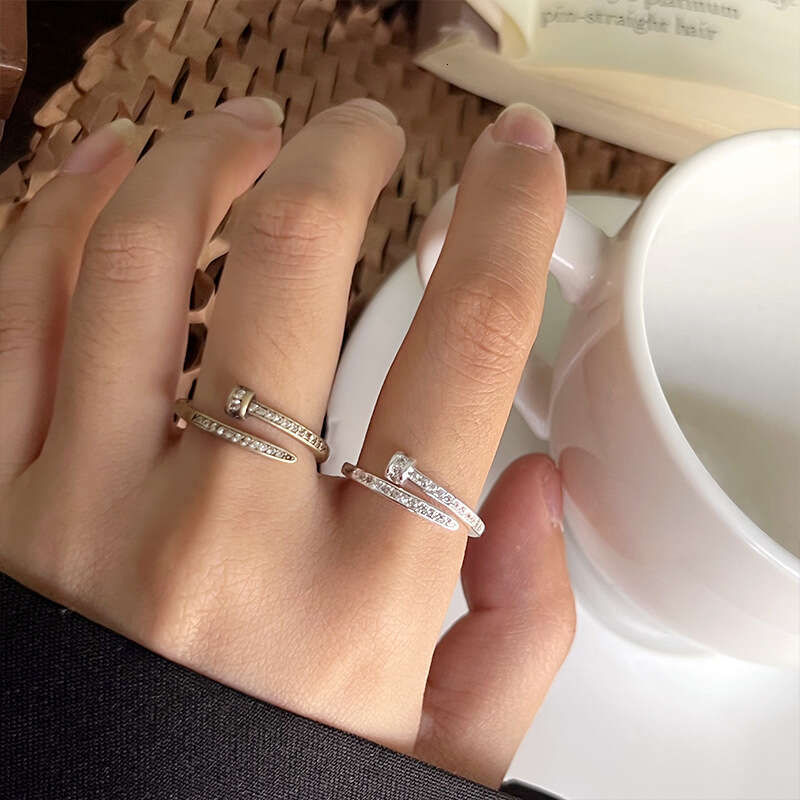 Lanzhi High-End Sense Nail Personality Light Luxury Micro-Inlaid Jewelry Women Ancient Bronze Korean Ins Open Silver Ring