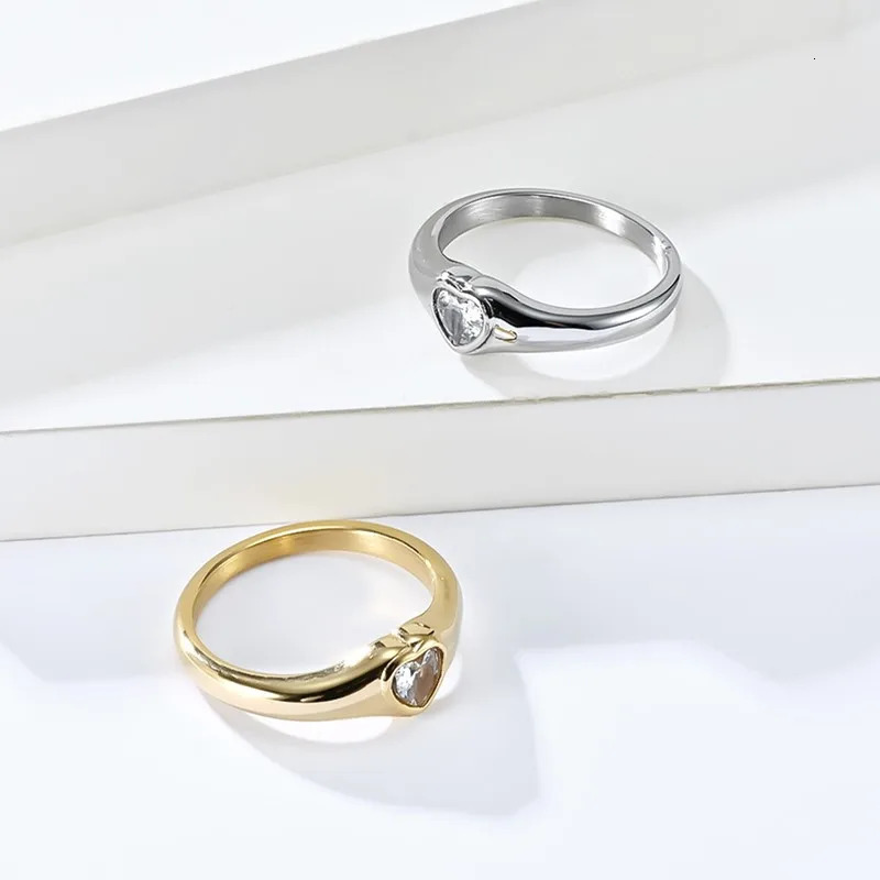 Stainless Steel Heart CZ Solitaire Ring Wedding Band for Women Girl Size 5-10 250715