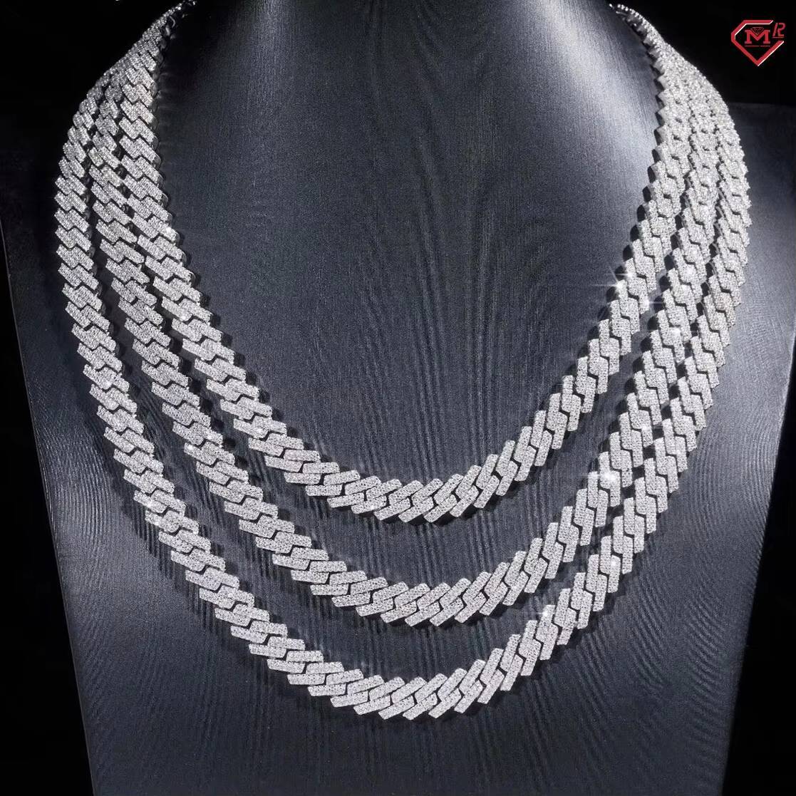 Hot Selling Cuban Chain 12mm 2 Rows 925 Silver White Gold Plated Straight Iced Out Chain Moissanite Cuban Link Chain
