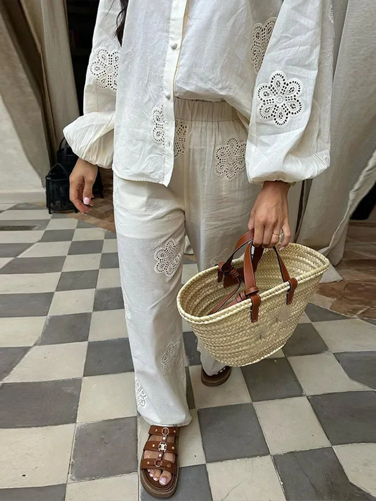 Womens Hollow Out Shirts Trouser Suits Long Sleeve O-Neck Solid Lady Sets 2025 Summer Fashion 2 Pieces Set Women Outfits 250715