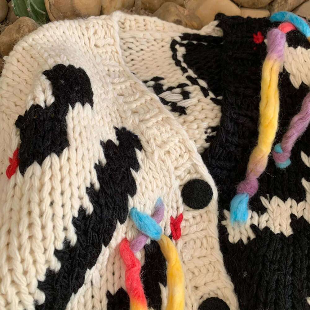 Designer Clothing Women Multi Color Tassels Chunky Cardigan 2024 Autumn Winter Handmade Sweater Jumper Outwear Niche Design Fashion