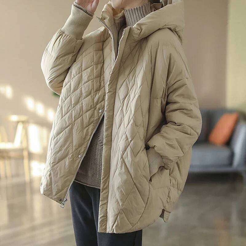 Schinteon Women Light White Duck Down Jacket Casual Loose Over Size Autumn Winter Outwear With Hood Coat 2024 New MDNG