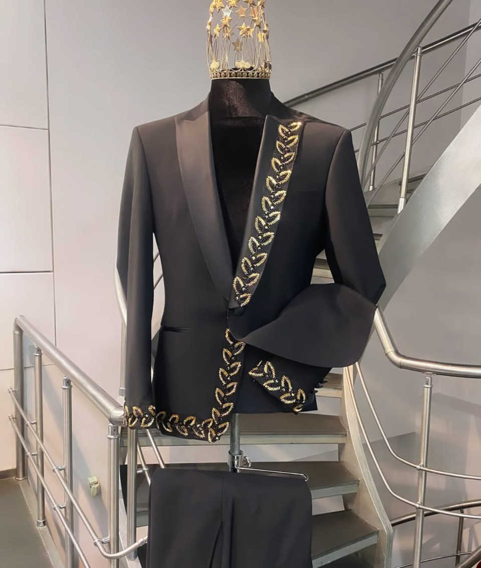 Formal Men Suits Wedding 2 Piece Jacket Pants Single Breasted Gold Sequined Crystal Groom Tuxedos Customized