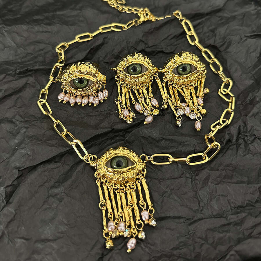 Vintage Personality Demon Eye Pearl Tassel Light High-end Sense Earrings Ring Necklace Set Accessories for Women
