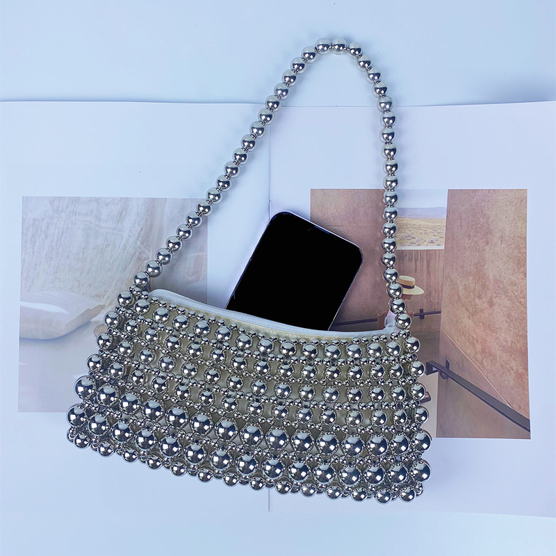 Beaded Handbag for Women Retro Fashion Designer Bags Shopping Handmade Woven One-shoulder Underarm Bag