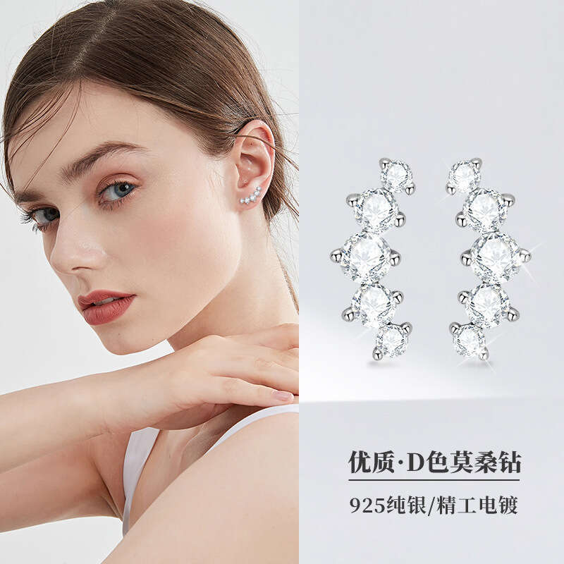 High-End Moissanite Earrings Arc-Shaped Five-Stone Pure Sier K Gold Plated Ear Jewelry
