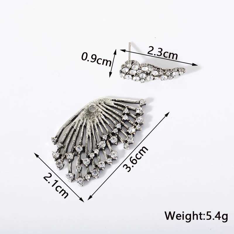 2 in 1 Antique Silver Color Crystal Women Stud Earrings Hollow Wings Hip Hop Ear Accessories Bohemian Asymmetrical Female Earring XJ250718