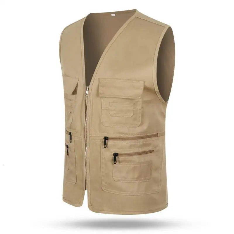 Vest Men Casual Sleeveless Cargo Jacket Multi Pocket Waistcoat Fashion Outdoor Solid Color Zipper Vests Mens Clothing 250707