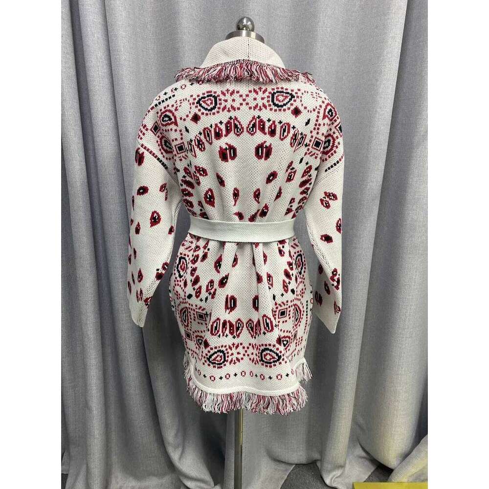 Designer Clothing Boho Inspired Women's Elegant Belt Cashmere Women High Quality Wool Tassels Jacquard Grey Knit Cardigan Long Oversized Fashion