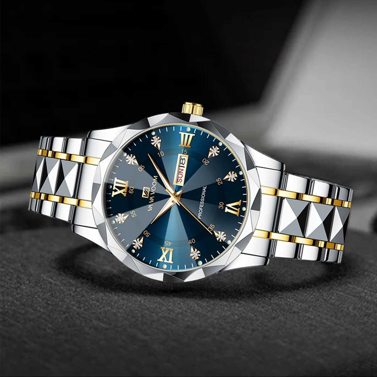 Men Watch Water Diamond Luxury Night Glow Double Calendar Quartz Movement 41mm Blue Gold Stainless Steel Fashion Business Watch W250718