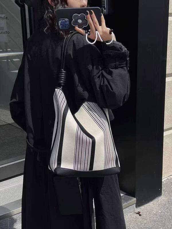 Capacity Single Shoulder Niche Design Bucket Striped Women S Color Block Tote Underarm Commuter Large Bag
