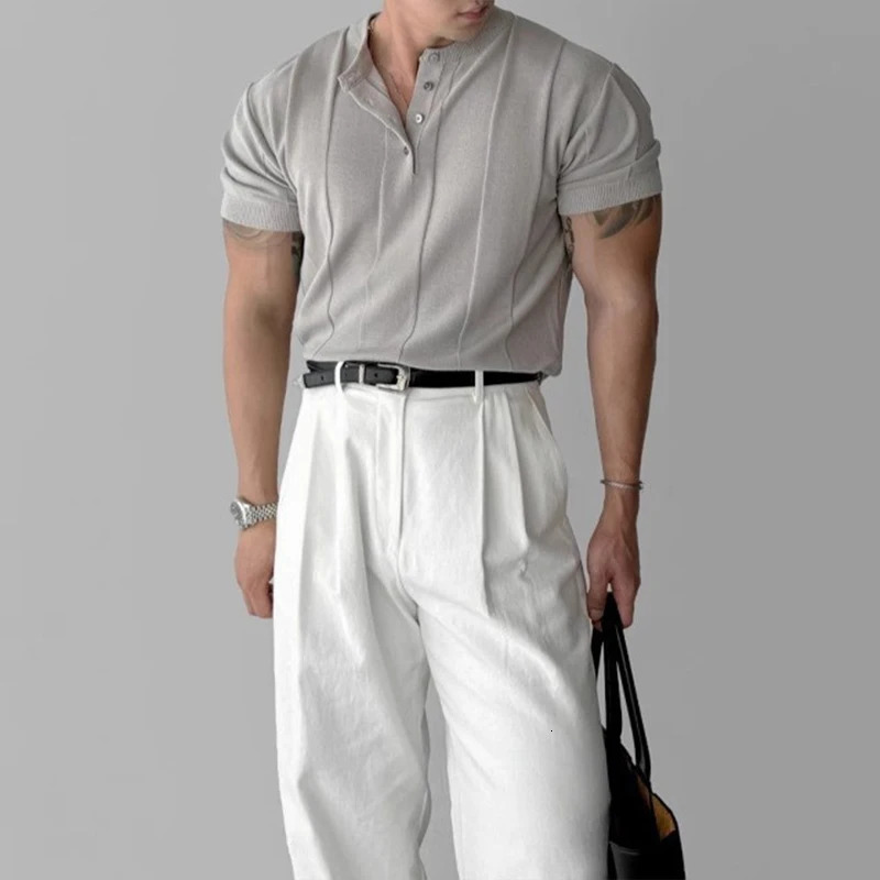 Fashion Men Henry Collar T-Shirt Leisure Knit Short Sleeve Tops Korean Style Summer Stretchy Breathable Fitness Tees 250715