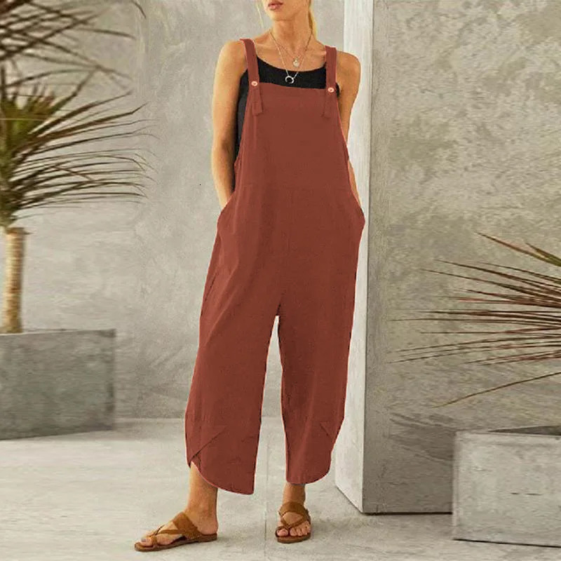 Women Loose Wide Leg Overalls Summer Adjustable Solid Color Cotton Linen Baggy Full Trousers Female Jumpsuits Oversized 250714