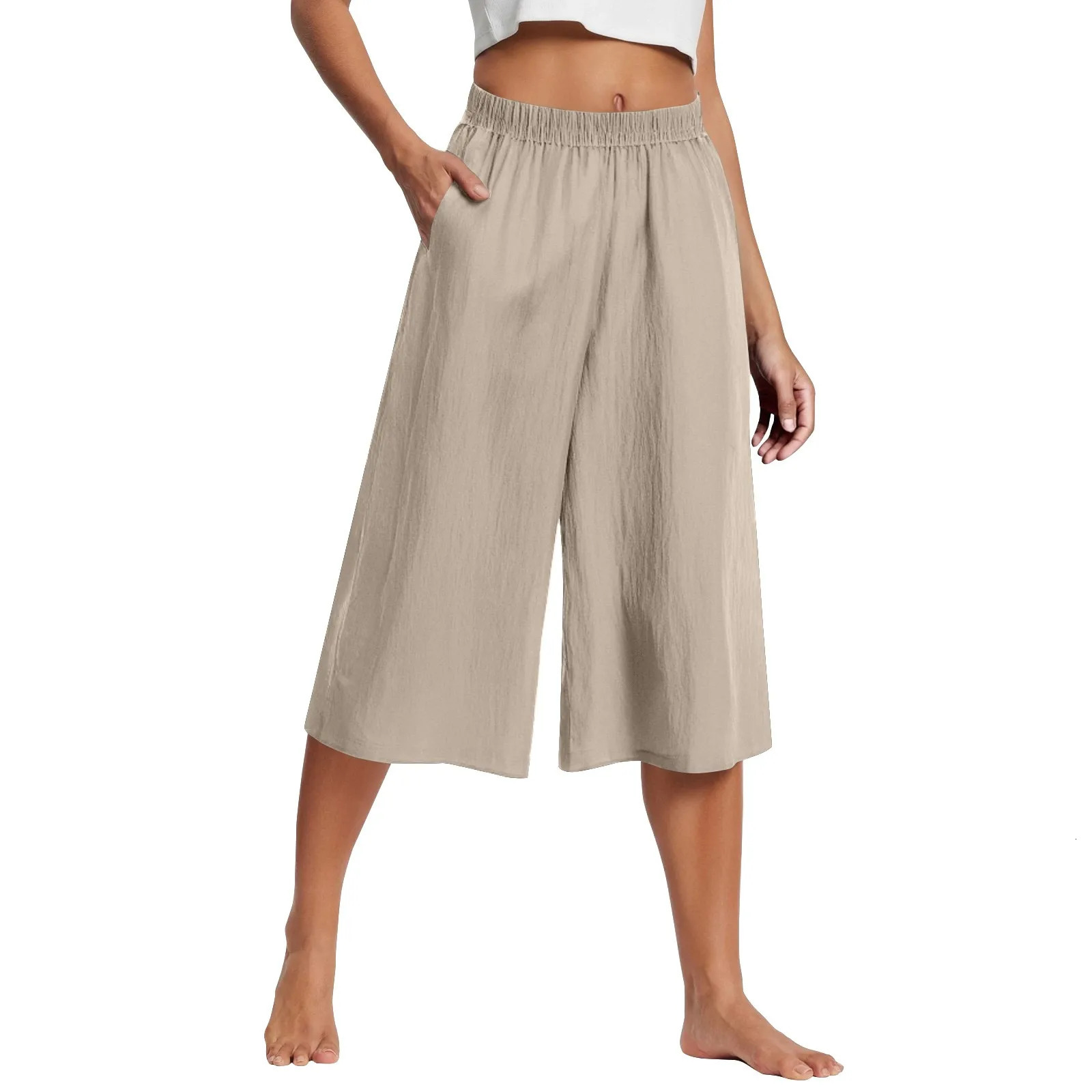 Feamle Casual and Versatile Lazy Style Wide Leg Pants With Pockets Lightweight High Waisted Loose Cropped s 250714
