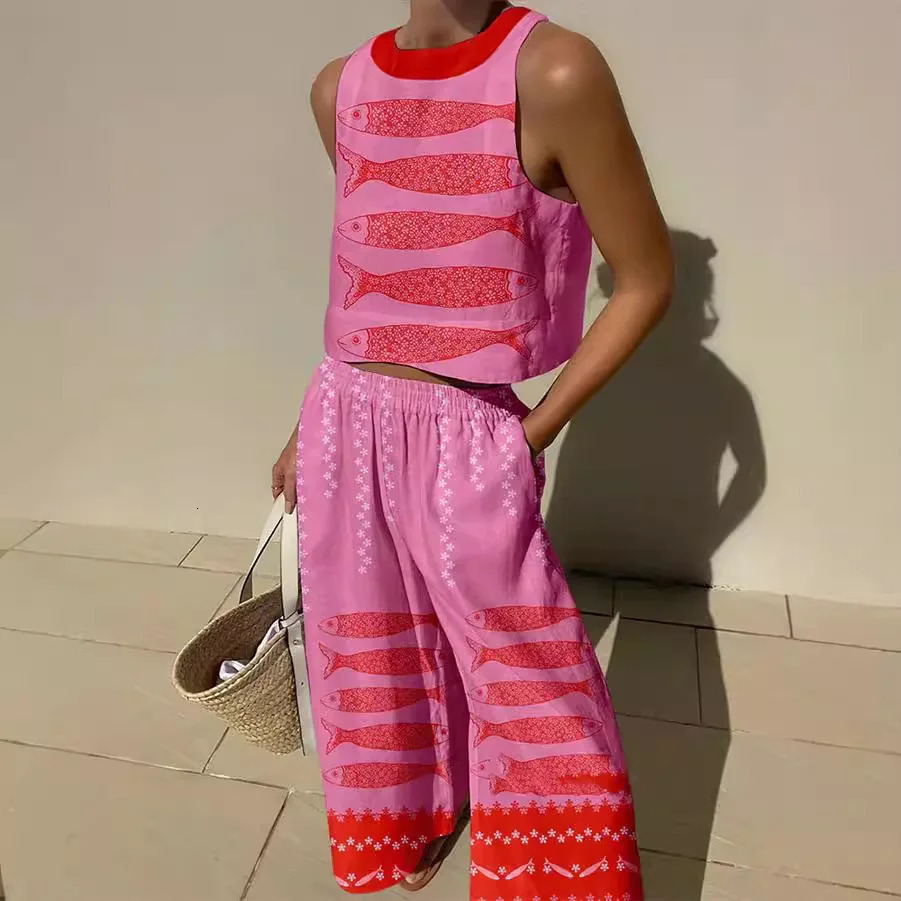 2025 Summer Womens Fashion Trousers Suit Casual Printed Sleeveless Vest Wide-leg Trousers Womens Outing Versatile Style Suit 250715