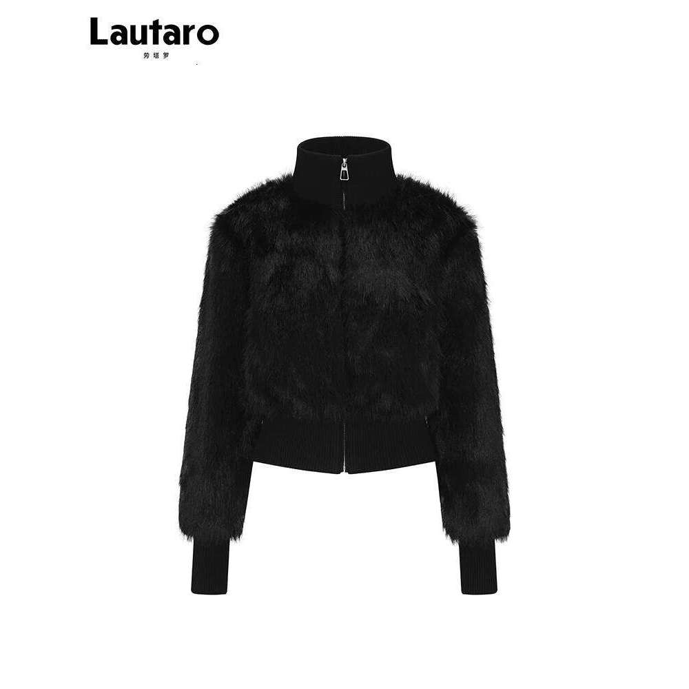 Lautaro Spring Winter Short Black Soft Thick Warm Hairy Faux Fur Coat Women Zip Up Designer Clothes Fluffy Jacket 2025 MDNG
