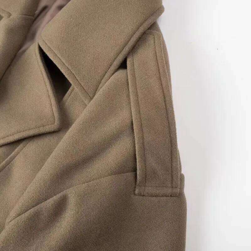 Spring Notched Collar Safari Woolen Coat Retro Women Buckle Belt Hem Loose Full Sleeve Jacket Short Outerwear