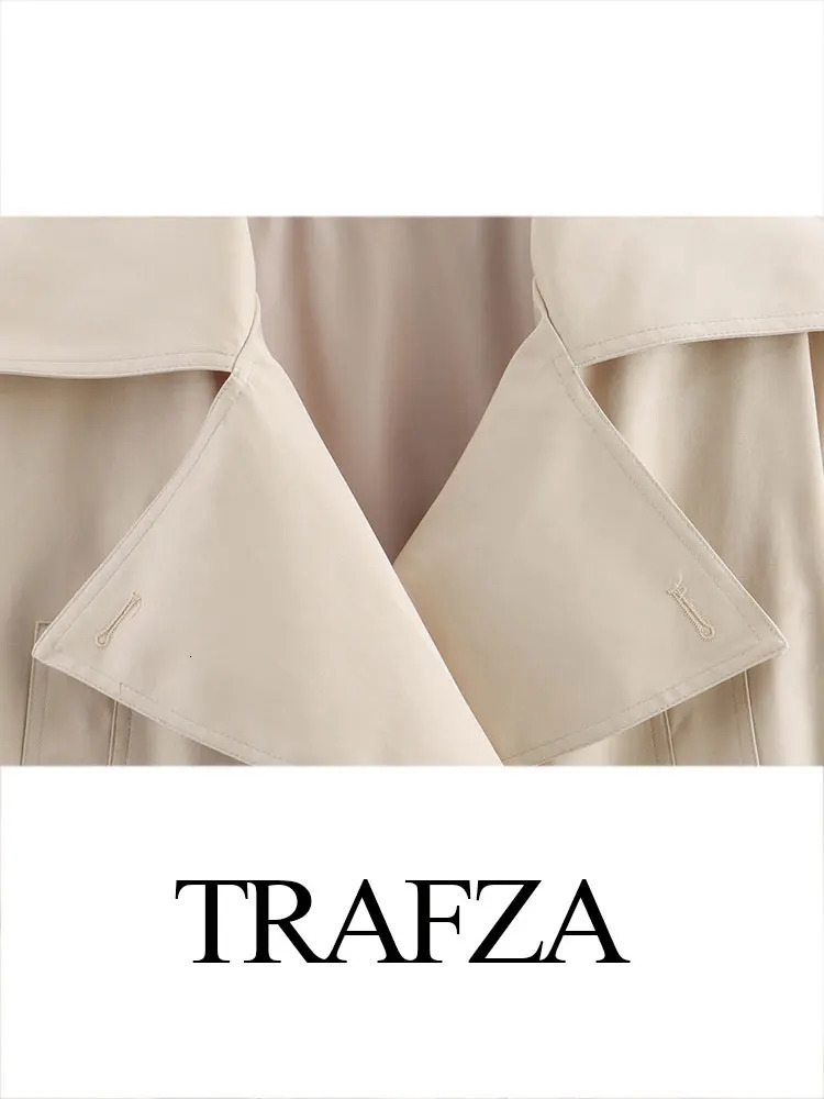 TRAFZA 2025 Spring Retro V-neck Double Breasted Womens Pocket Top Loose Jacket Womens Street Casual Lace-up Short Trench Coat 250716