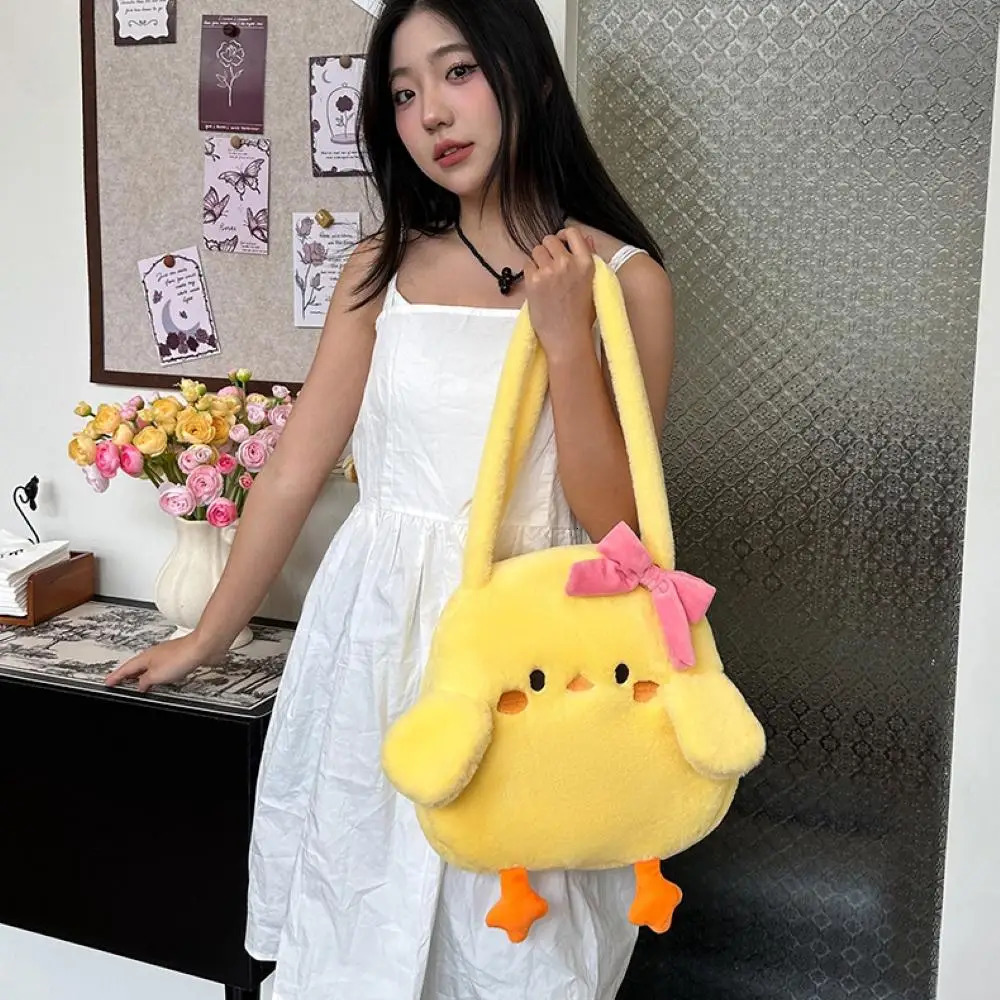 Kawaii Little Yellow Duck Bow Shoulder Bag Cartoon Animal Versatile Plush Handbag Large Capacity Christmas Birthday 250717