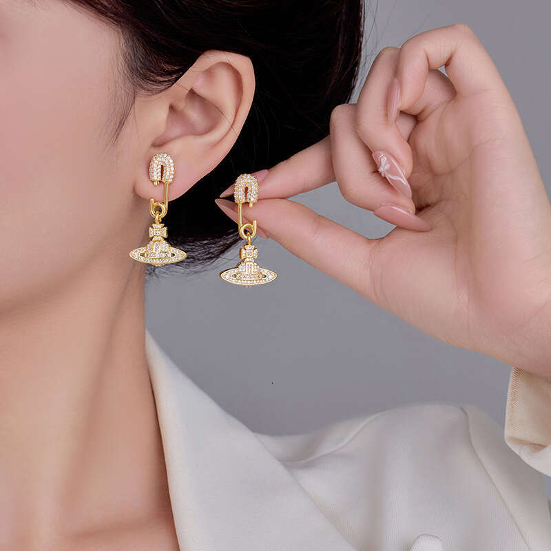 Pin Saturn Planet Micro Pave Full Dia Light Simple Banquet Super Shiny Earrings Fashionable Temperament Personality Studs