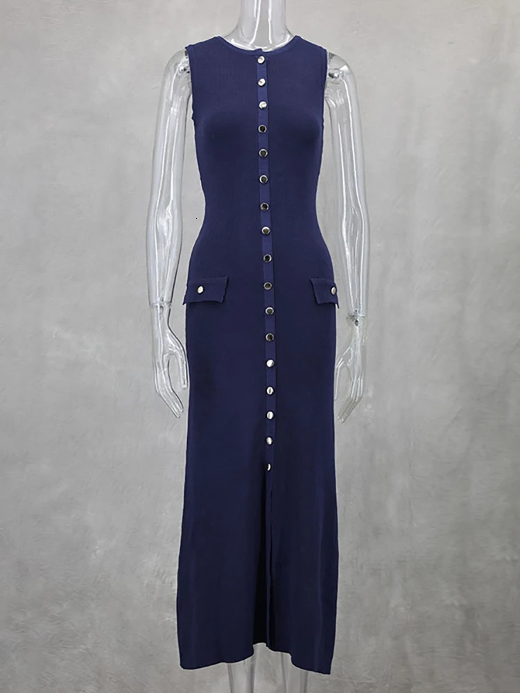 JULISSA MO Knitted Sexy High Slit Button Women Maxi Dress Apricot Sleeveless Round Neck Dress Winter Skinny Elegant Party Dress 250715