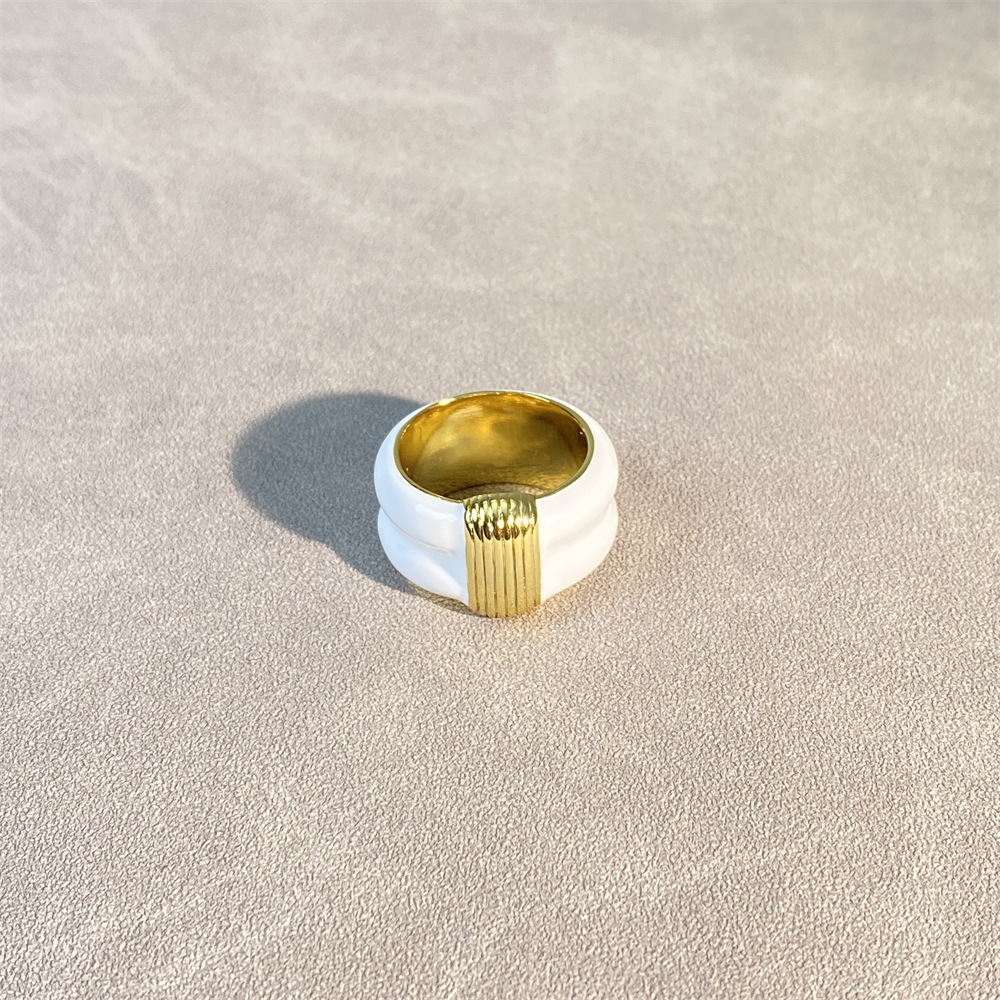 French Enamel Drop Glaze Striped Ring, Niche High-end Feeling, Copper Gold-plated Black Wide Version Temperament Ring for Women Jewelry