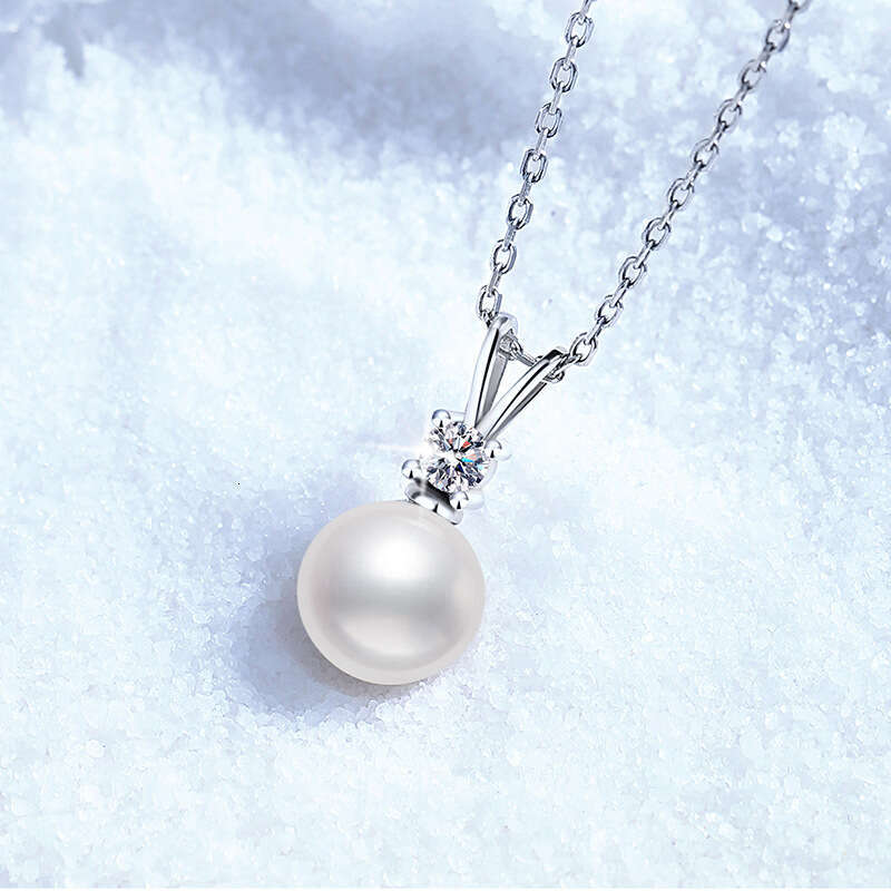 S Pure Sier Natural Freshwater Pearl Strong Round Light Versatile 10 Points Moissanite Necklace 8bd