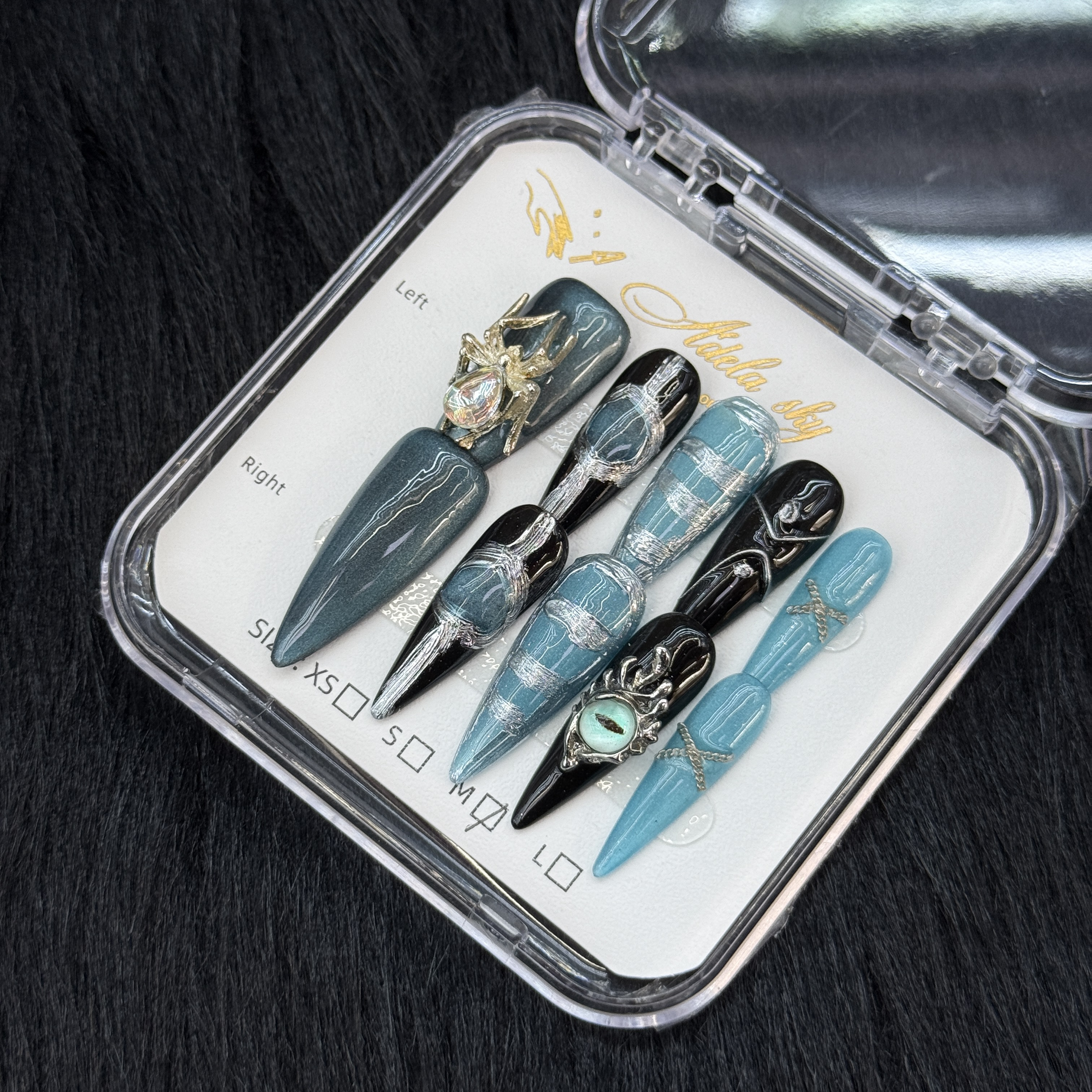 10Pcs Gothic Spider Eye Press-On Nails - Blue & Black Punk Manicure Set