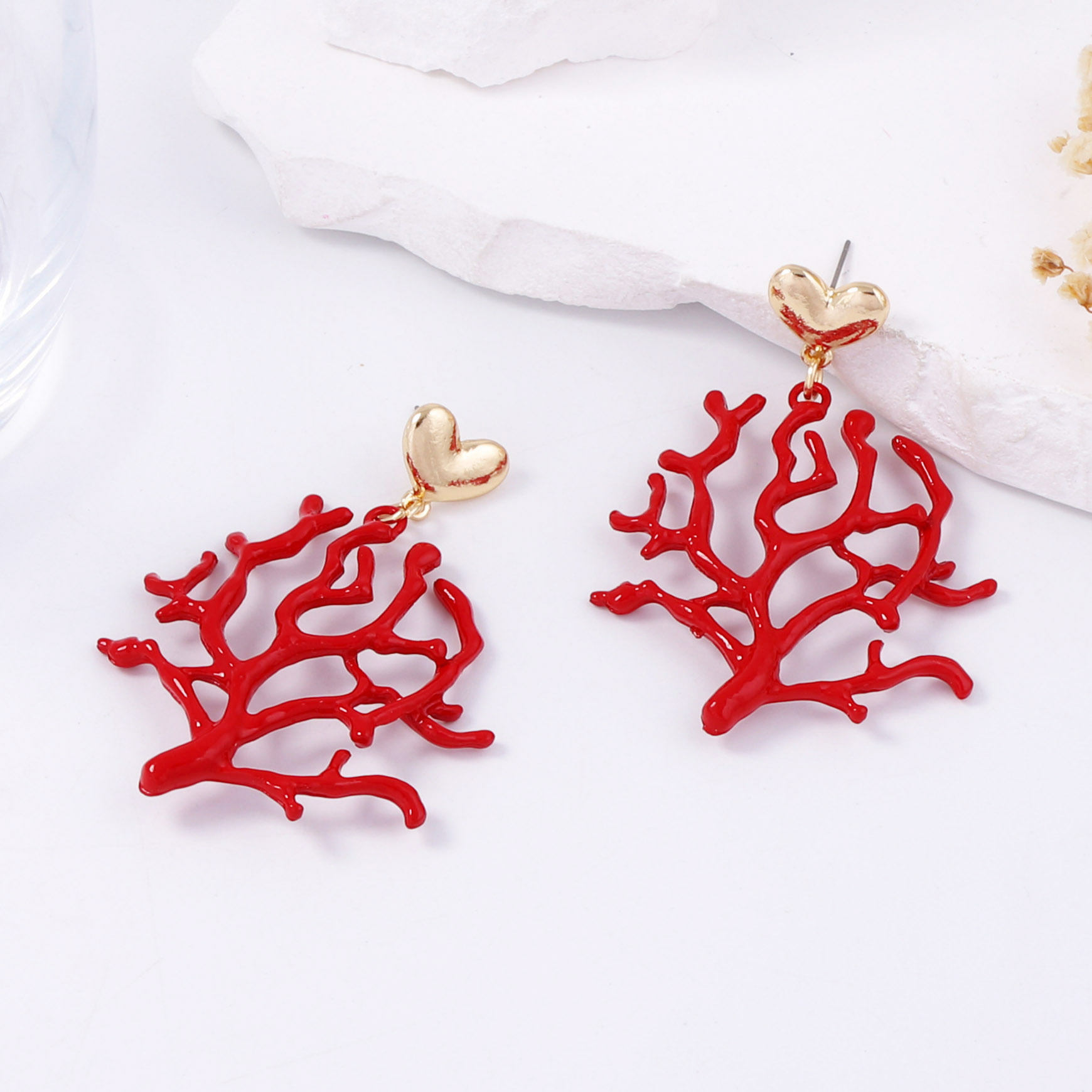 Beach Large Coral Shape Drop Earring Statement Red Resin Ocean Inspired Drop Dangle Jewelry for Women Lady wedding dress boho style