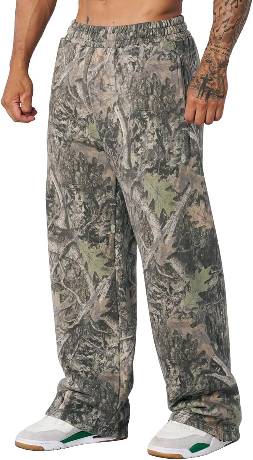 Men's Camo Graphic Leaf Print Baggy Sweatpants Joggers Casual Elastic Waist Wide Leg Trousers Y2K Streetwear Pants