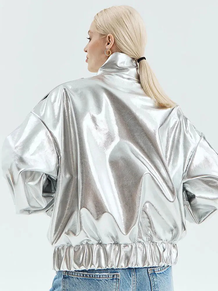 Glossy Jackets Women Casual Loose Lapel Zipper Fashion Coats Female Autumn Winter Long Sleeves Solid Street Outwears Lady 250715