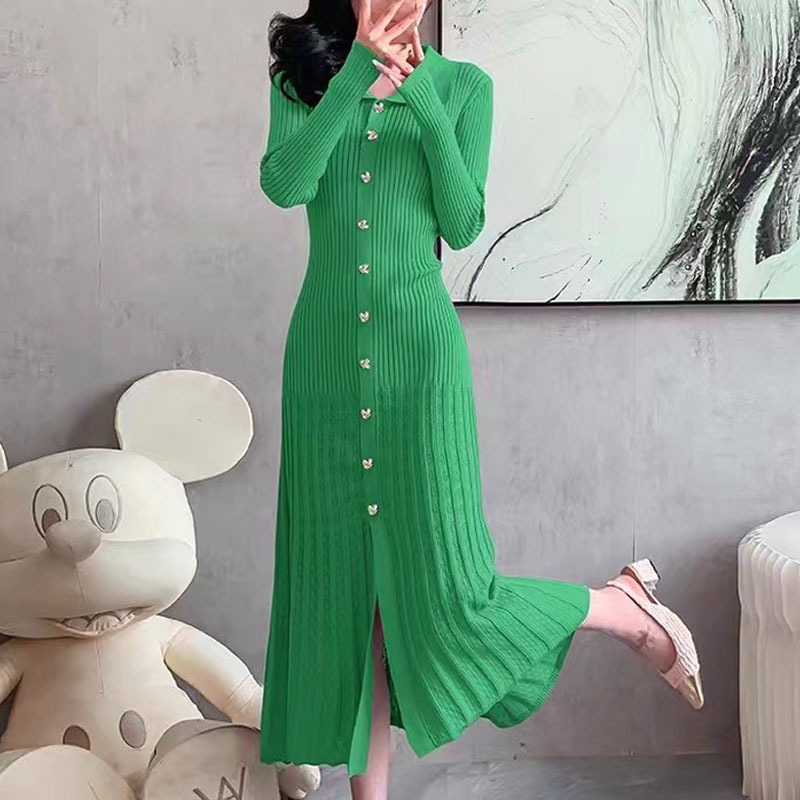 new Designer free shipping lapel knit dress for women slim fit waist hugging long skirt short sleeved hollow knit dress
