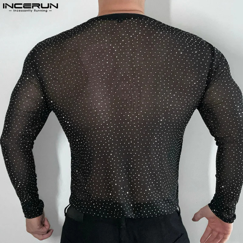 Fashion Casual Style Tops INCERUN Men Sparkling Fabric Slightly Perspective T-shirt Sexy Male Long Sleeved Camiseta S-5XL 250714