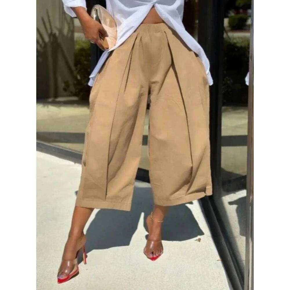 Beautyblue Khaki Women's Wide-leg Capri Pants Summer New Fashion Pocket Elastic Waist Loose Cotton Cropped Trousers